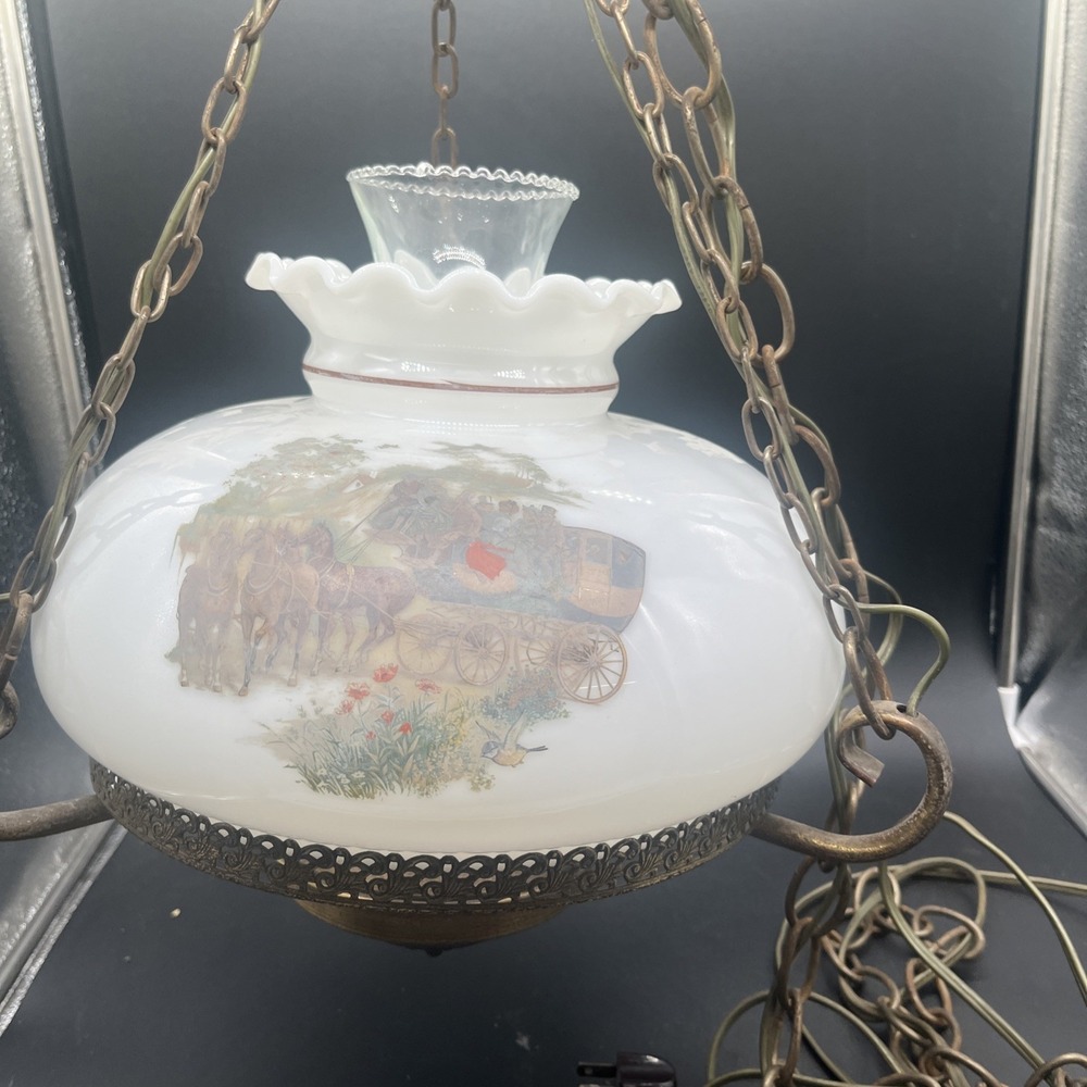 Vtg Aladdin Electric Milk Glass Library Hanging Lamp Chandelier 10" Stagecoach - Picture 13 of 16